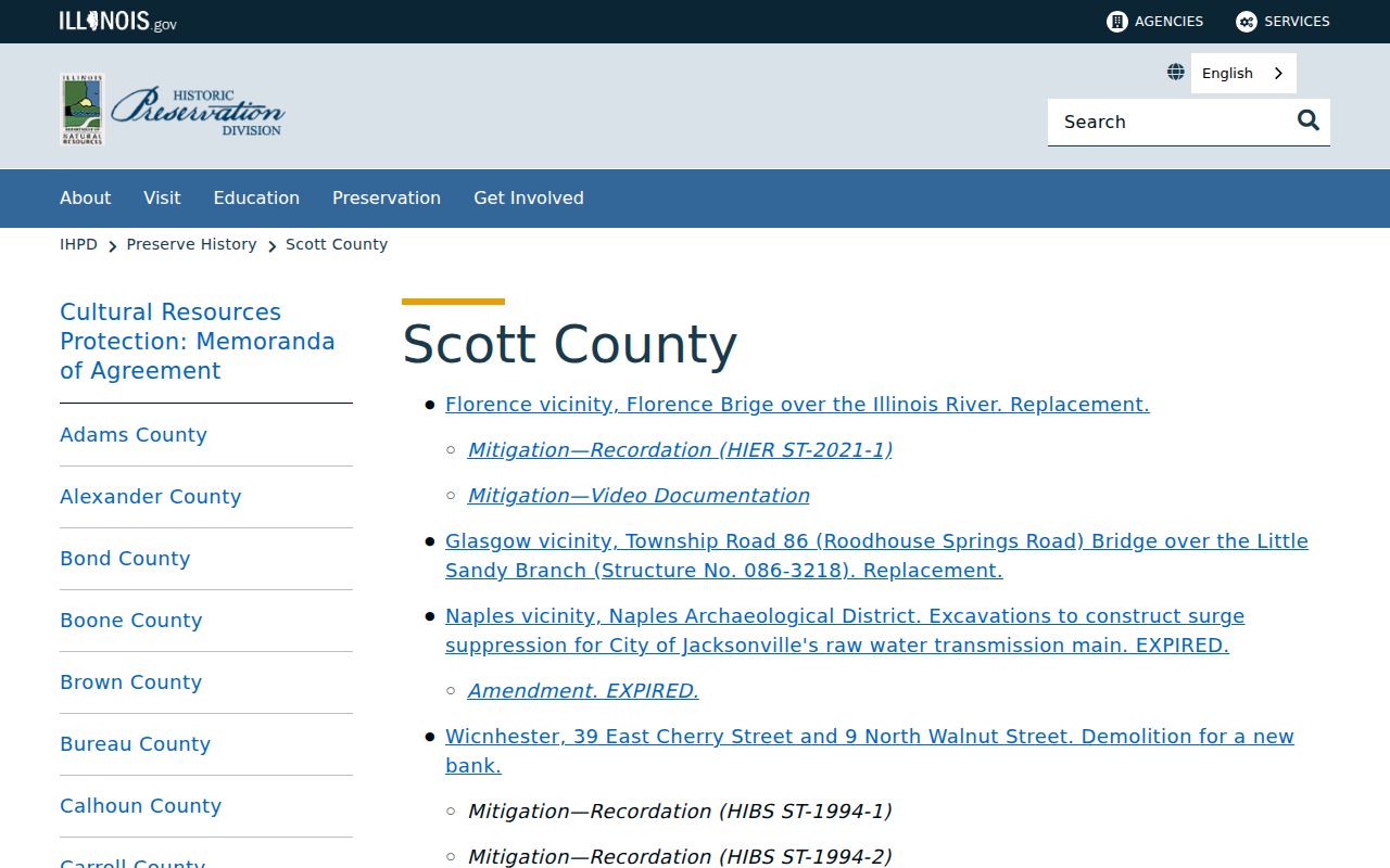 Illinois historic preservation resources for Scott County and Bluffs research