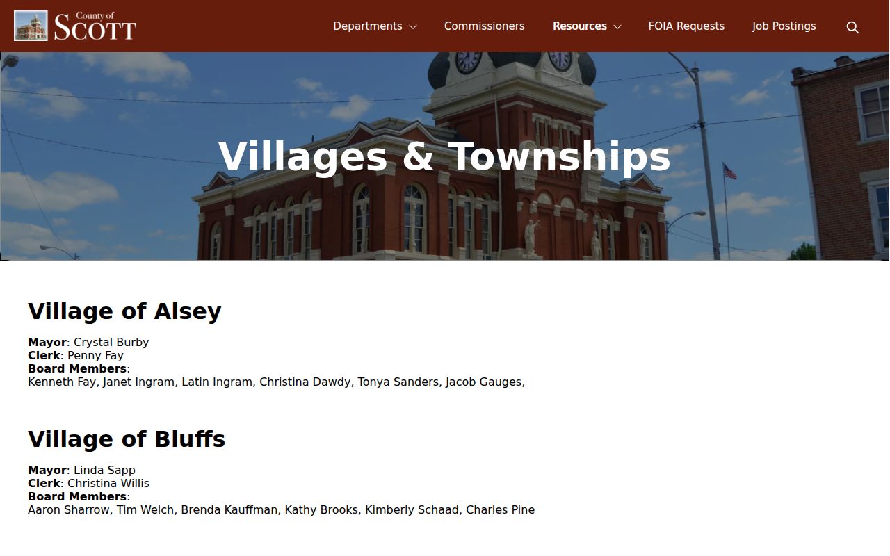 Scott County official page listing the Village of Bluffs
