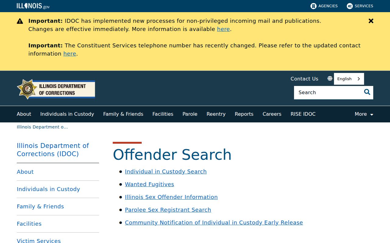 Illinois Department of Corrections individual in custody search