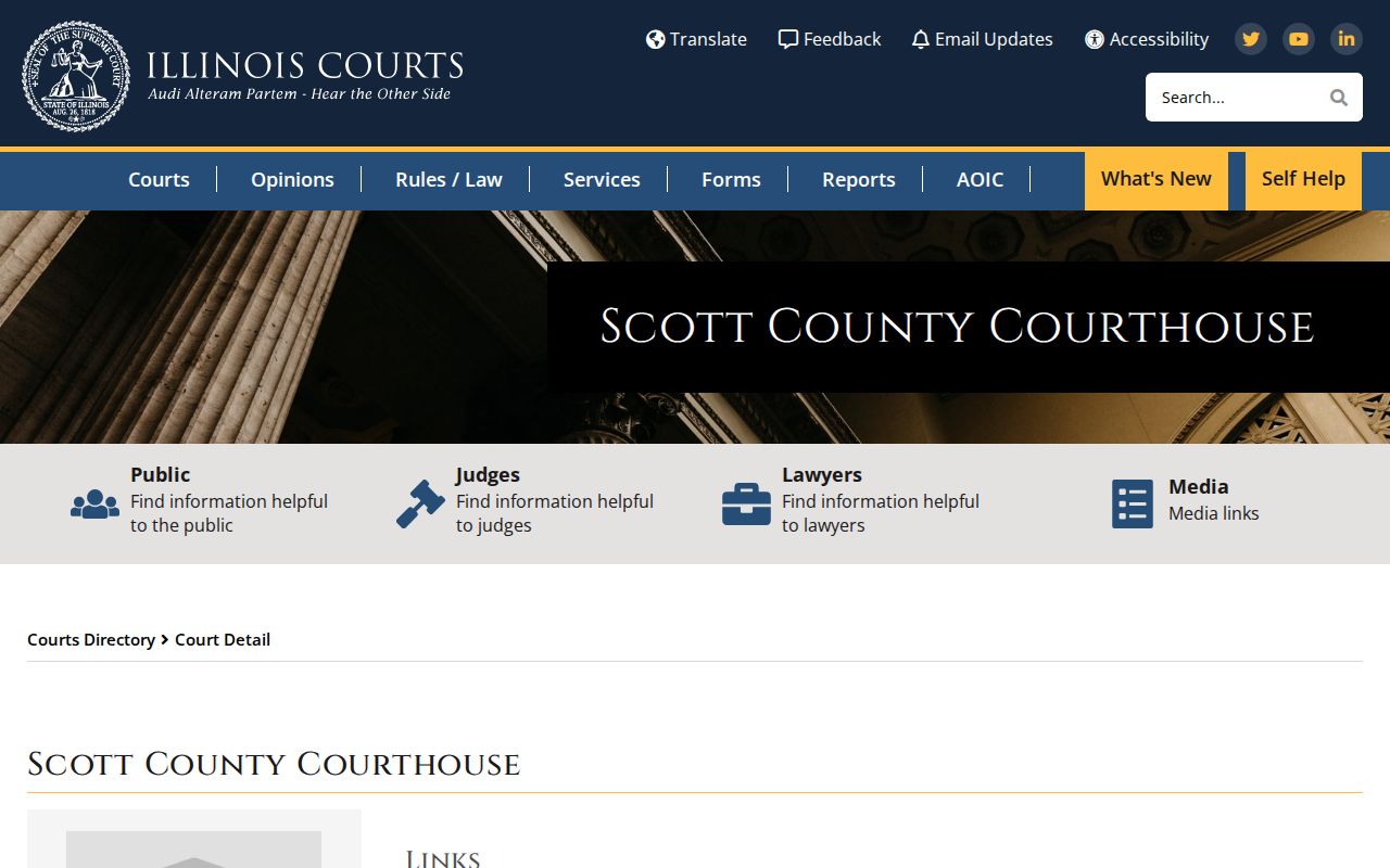 Illinois Courts directory entry for the Scott County Courthouse