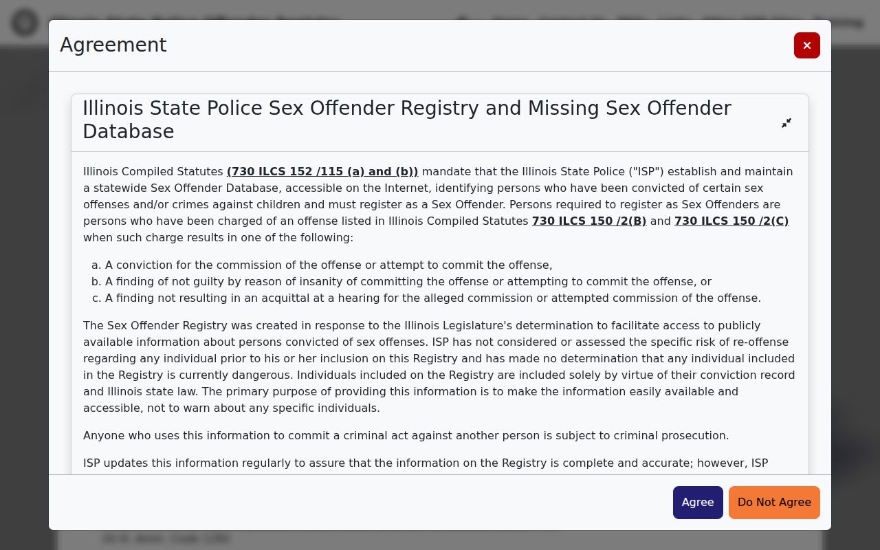 Illinois State Police sex offender registry disclaimer for Scott County searches