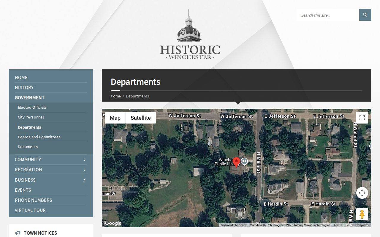Winchester departments page with police contact information
